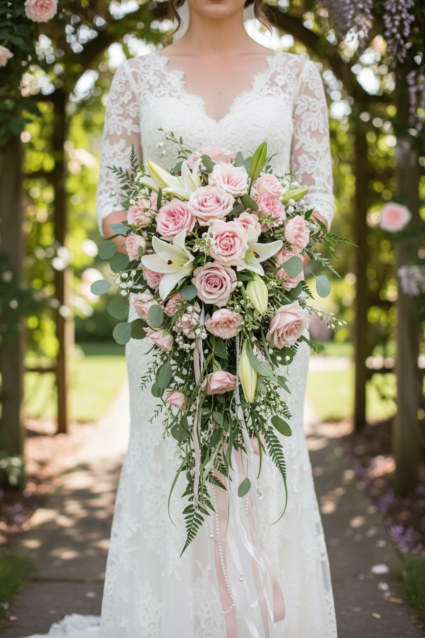 Buchet lung cascade cu trandafiri blush și crini