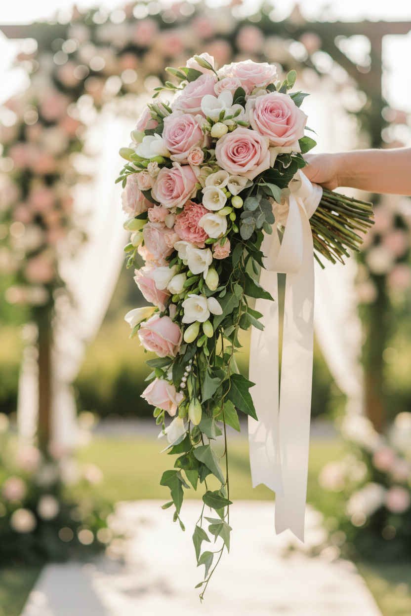 Buchet lung cascade cu trandafiri blush roz și frezii