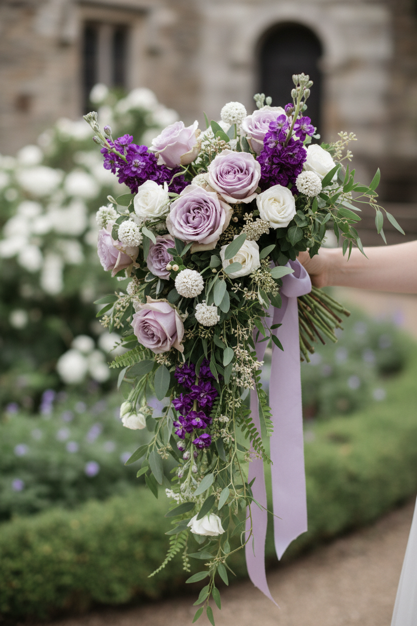 Buchet lung cascade cu trandafiri lavandă și mov