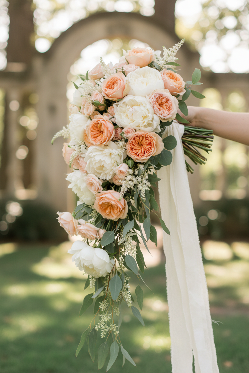 Buchet lung cascade cu trandafiri piersică și bujori cremă