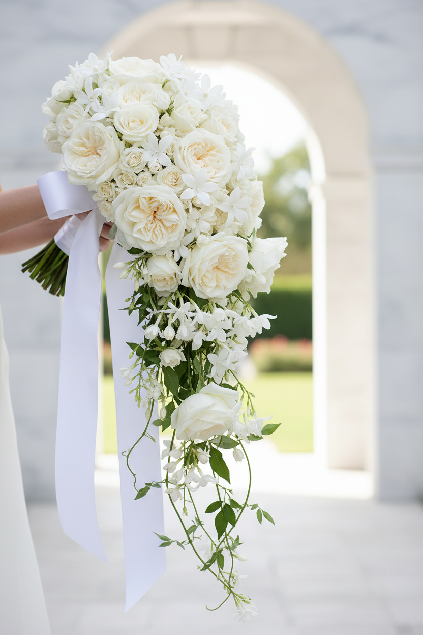 Buchet lung cascade luxos cu trandafiri ivory și iasomie