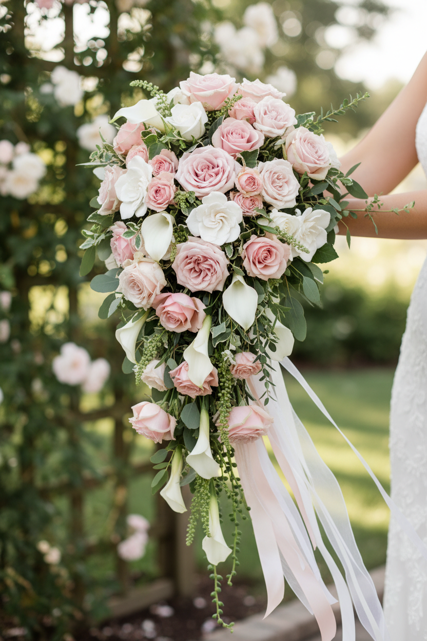 Buchet lung cascade romantic cu trandafiri roz și crini