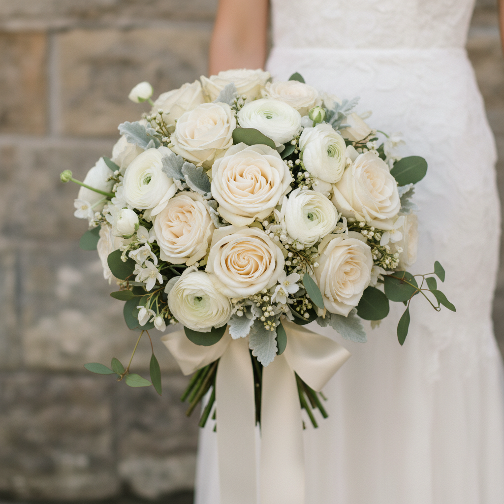 Buchet rotund clasic cu trandafiri cremă