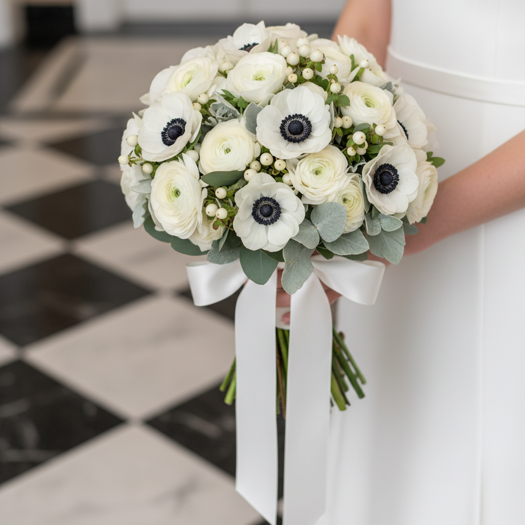 Buchet rotund cu anemone albe și negre