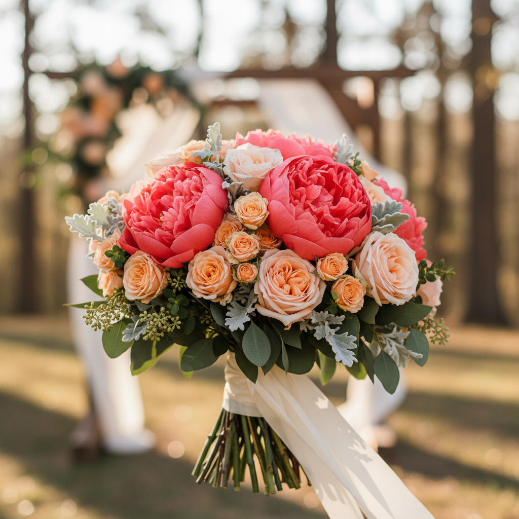 Buchet rotund cu bujori coral și trandafiri piersică