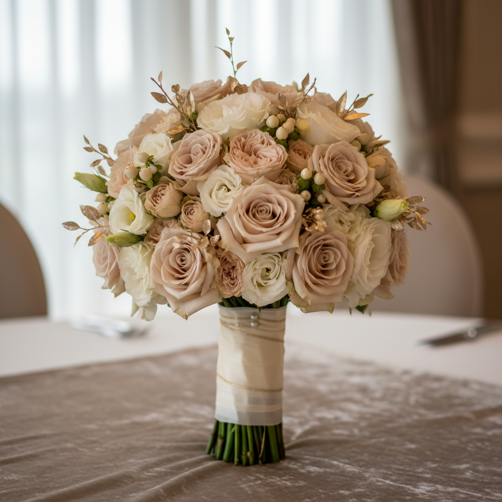 Buchet rotund cu trandafiri champagne și accente aurii