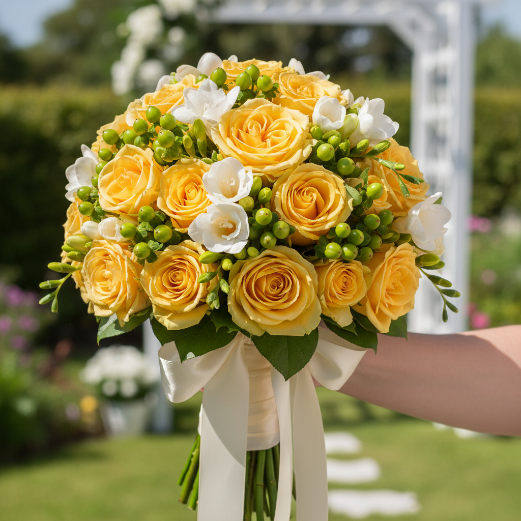 Buchet rotund cu trandafiri galbeni și frezii