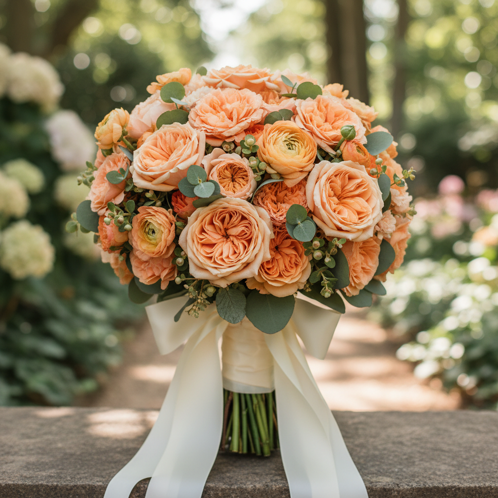 Buchet rotund cu trandafiri piersică și apricot